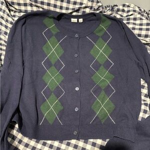 Gap: Navy Argyle Button-Up Cardigan Sweater